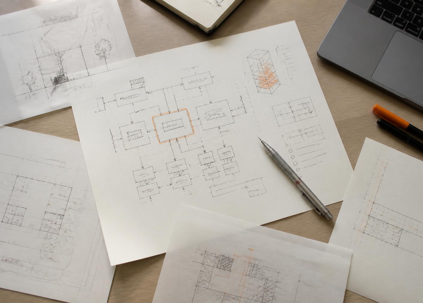 Technical sketches and system diagrams spread across a desk beside a pencil and laptop